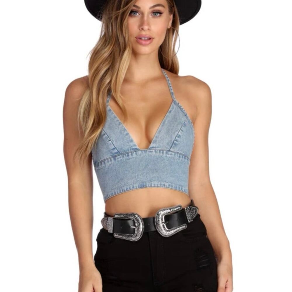 Y2K Denim Halter Plunge Crop Top Open Back Festival Bralette Coquette Indie Edgy